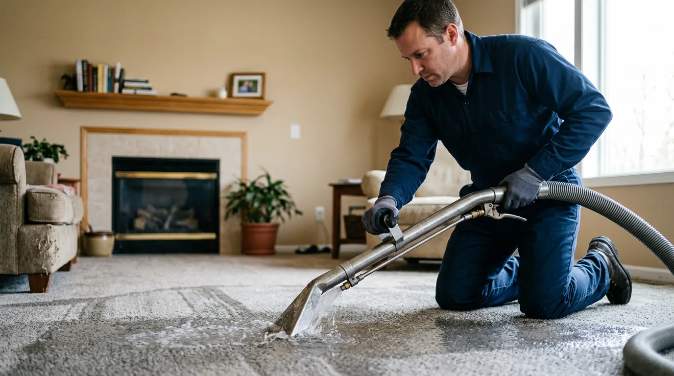 Water damage restoration technician working near Beardstown, IL